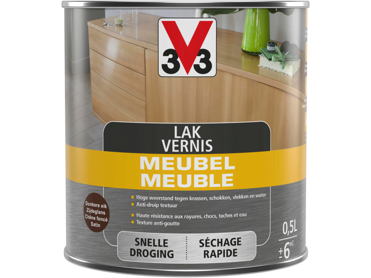 V33 vernis / lak meubel deco zijdeglans 0,5l donkere eik