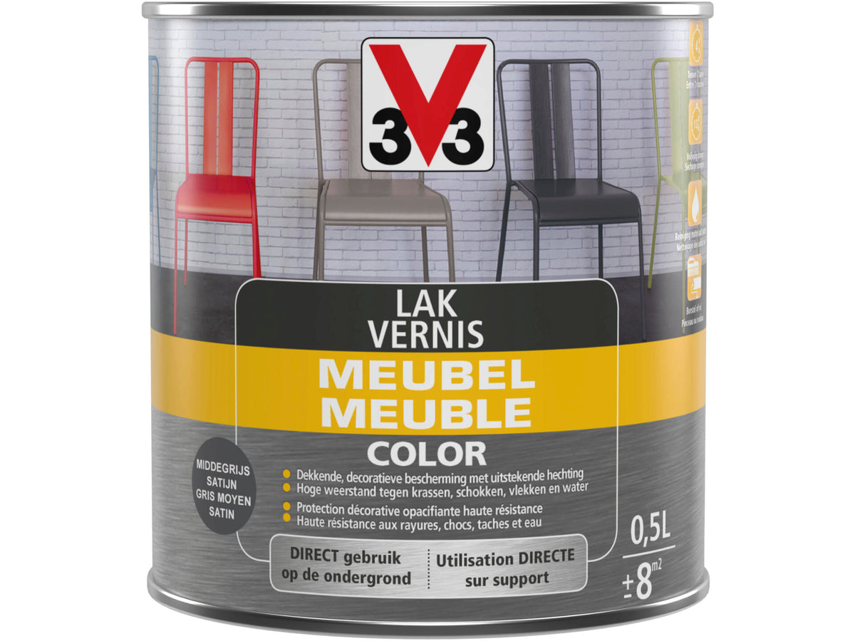 V33 Color vernis / lak meubel zijdeglans 0,5l middengrijs