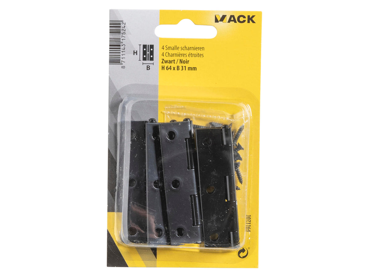 Mack scharnier smal 6,4x3,1 cm zwart 4 stuks