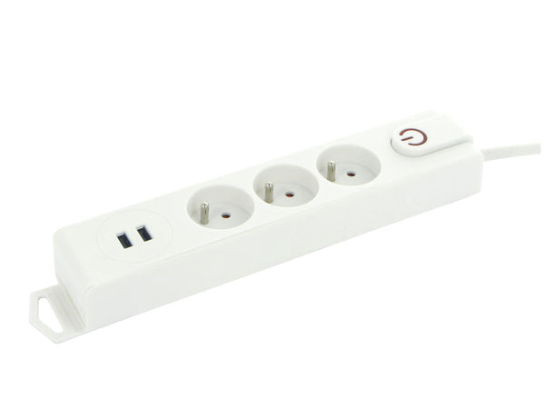 Profile stekkerdoos 3x + 2x USB met schakelaar en kabel 1,5m wit