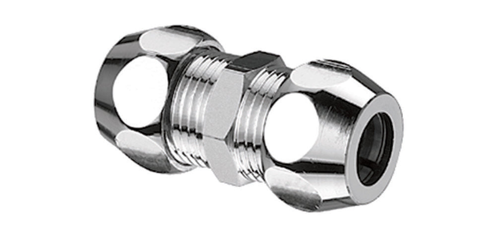 Schell aanvoer dubbele koppeling recht D12 x D12 messing verchroomd