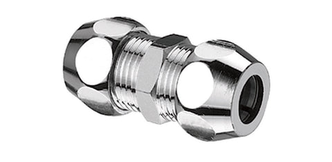 Schell aanvoer dubbele koppeling recht D12 x D12 messing verchroomd