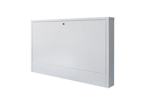 Van Marcke Floor Heating. Verdelerkast voor opbouw met vuurverzinkte staalplaatbehuizing, hoogte 600 mm, lengte 1090 mm en diepte 120 mm, met 2 bevestigingsrails, frontklep met gleufslot, en afneembar