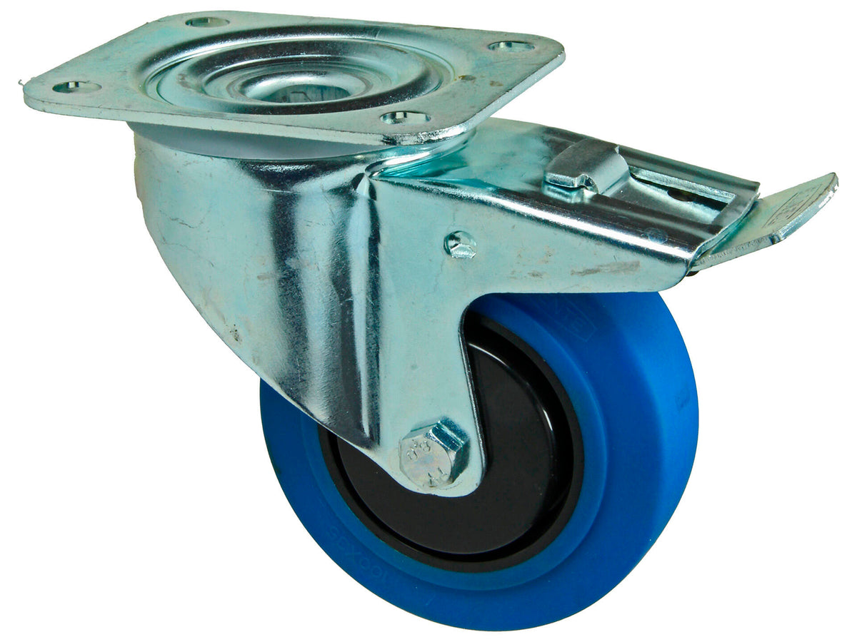 Mack zwenkwiel 100mm met plaat en rem rubber blauw