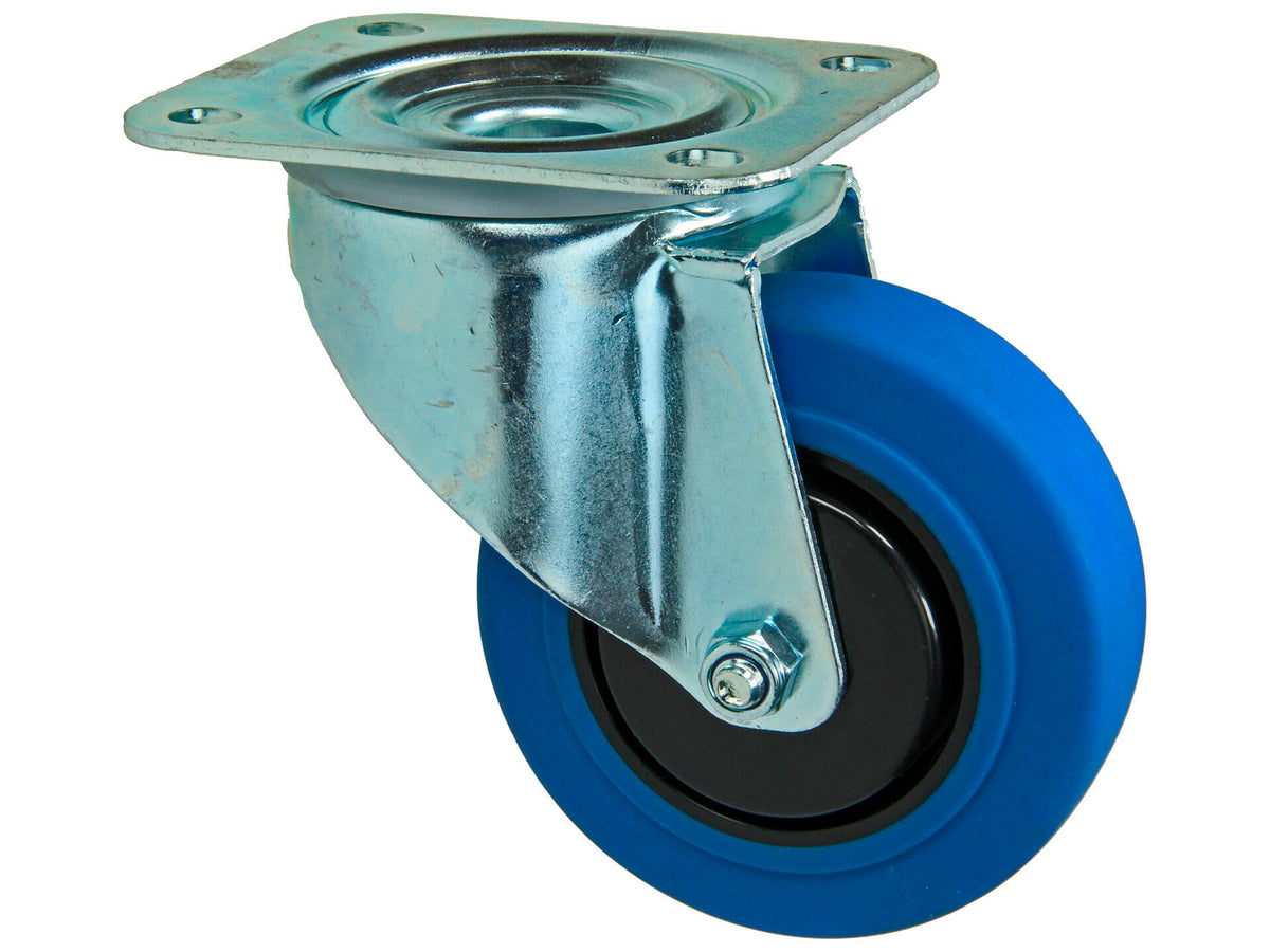 Mack zwenkwiel 100mm met plaat rubber blauw