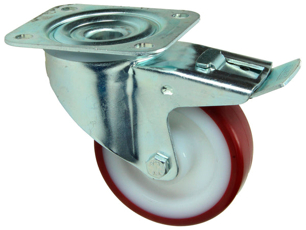 Mack zwenkwiel 100mm met polyurethaan loopvlak en dubbele rem rood